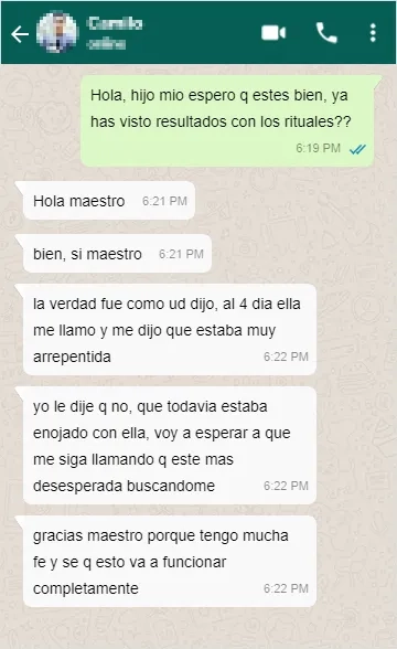 Testimonio whatsapp retorno pareja